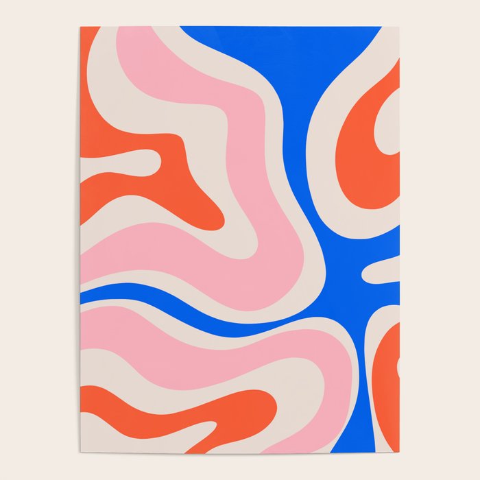 Retro Modern Liquid Swirl Abstract Pattern Square Pink, Orange, and Royal Blue Poster Gallery Image 4