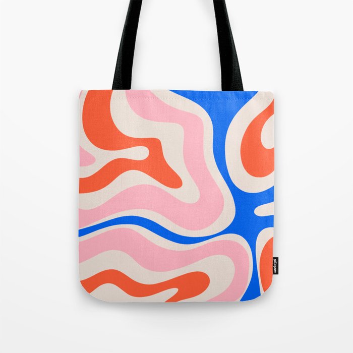 Retro Modern Liquid Swirl Abstract Pattern Square Pink, Orange, and Royal Blue Tote Bag Gallery Image 1