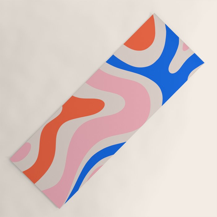 Retro Modern Liquid Swirl Abstract Pattern Square Pink, Orange, and Royal Blue Yoga Mat Gallery Image 1