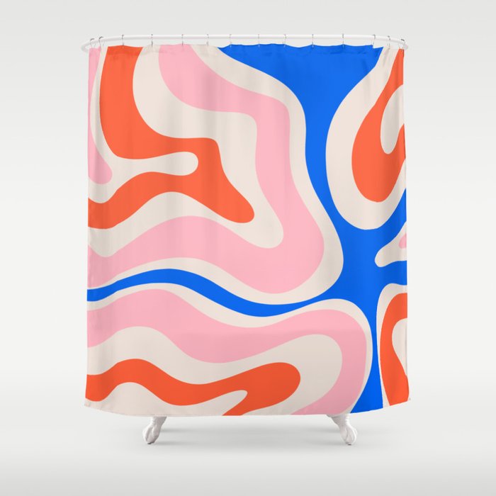 Retro Modern Liquid Swirl Abstract Pattern Square Pink, Orange, and Royal Blue Shower Curtain Gallery Image 1