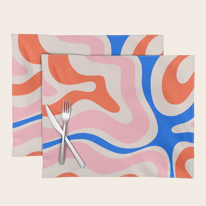 Retro Modern Liquid Swirl Abstract Pattern Square Pink, Orange, and Royal Blue Placemat Gallery Image 1