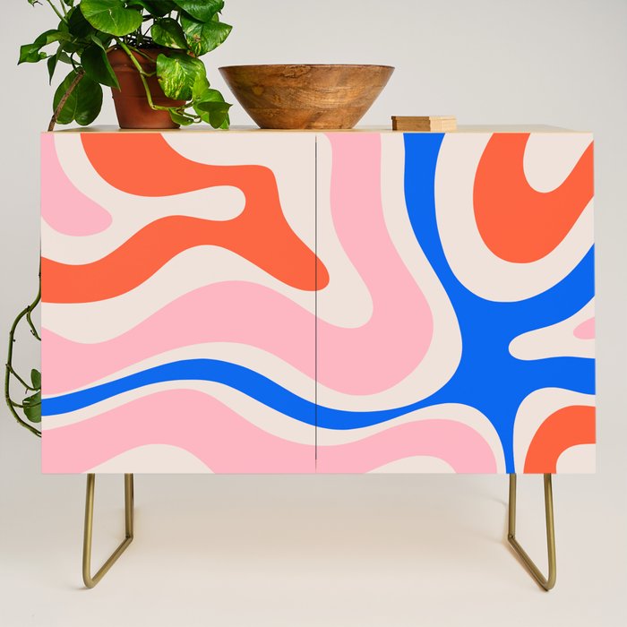 Retro Modern Liquid Swirl Abstract Pattern Square Pink, Orange, and Royal Blue Credenza Gallery Image 1