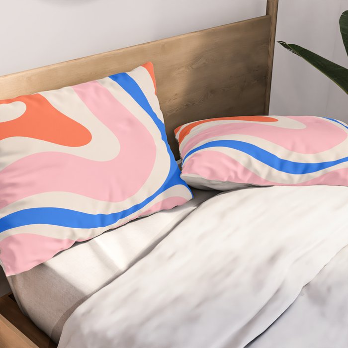 Retro Modern Liquid Swirl Abstract Pattern Square Pink, Orange, and Royal Blue Pillow Sham Gallery Image 2