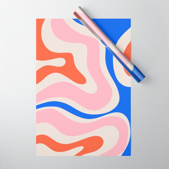 Retro Modern Liquid Swirl Abstract Pattern Square Pink, Orange, and Royal Blue Wrapping Paper Gallery Image 1