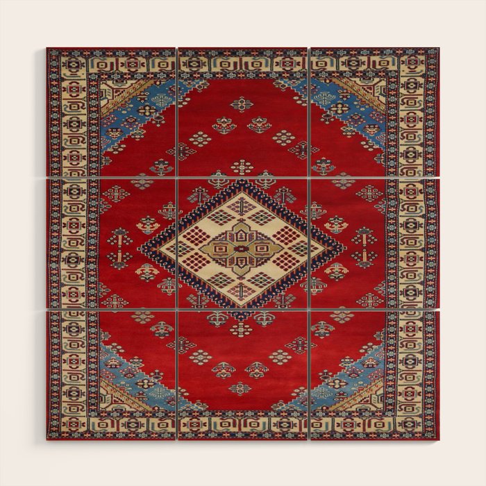 Red Diamond Blue Bluffs Kazak Persian Handmade Rugs  Wood Wall Art Gallery Image 1