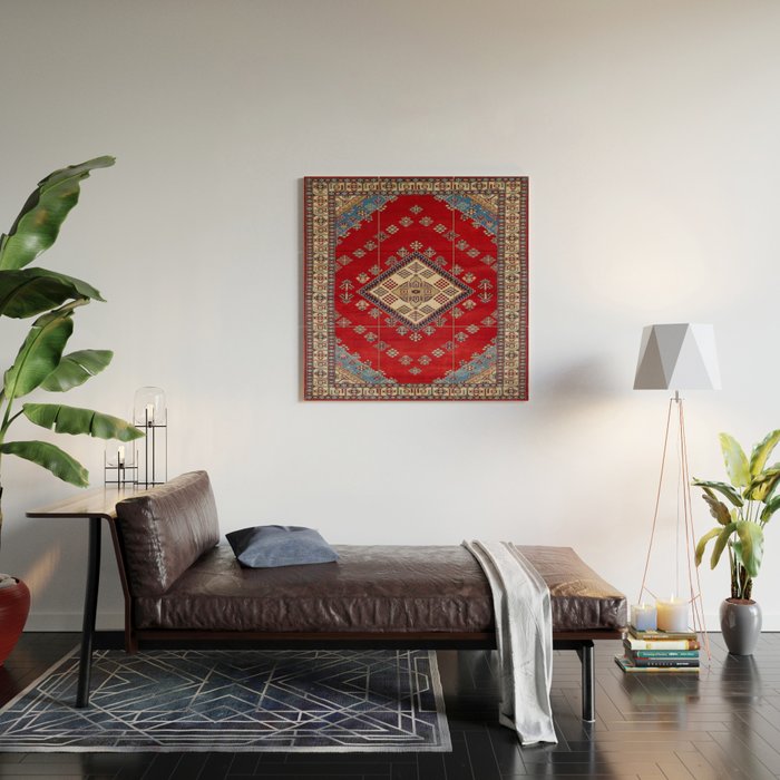 Red Diamond Blue Bluffs Kazak Persian Handmade Rugs  Wood Wall Art Gallery Image 2