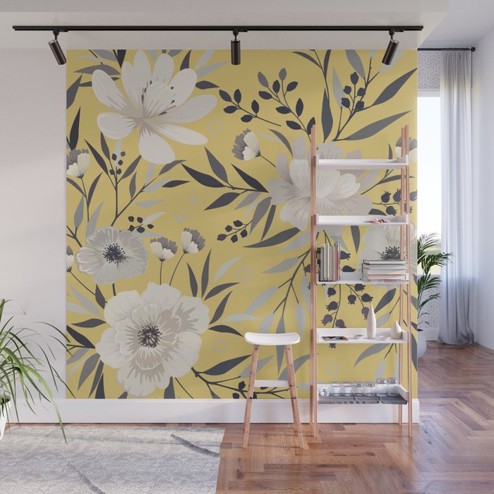 Modern, Floral Prints, Yellow and Gray Wall Mural Gallery Image 1