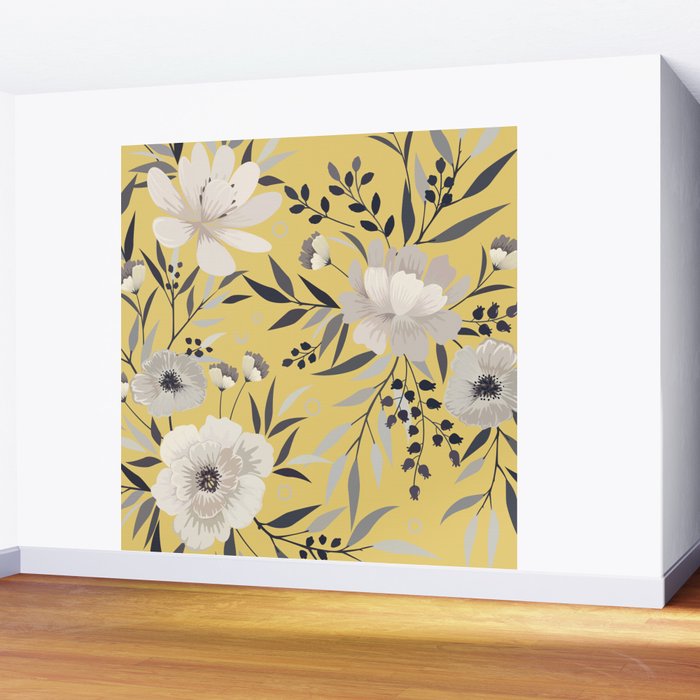 Modern, Floral Prints, Yellow and Gray Wall Mural Gallery Image 2