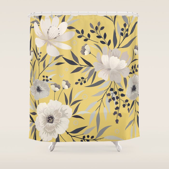 Modern, Floral Prints, Yellow and Gray Shower Curtain Gallery Image 1