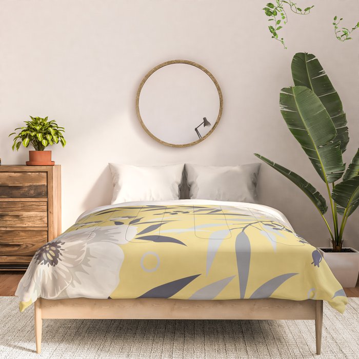 Modern, Floral Prints, Yellow and Gray Comforter Gallery Image 3