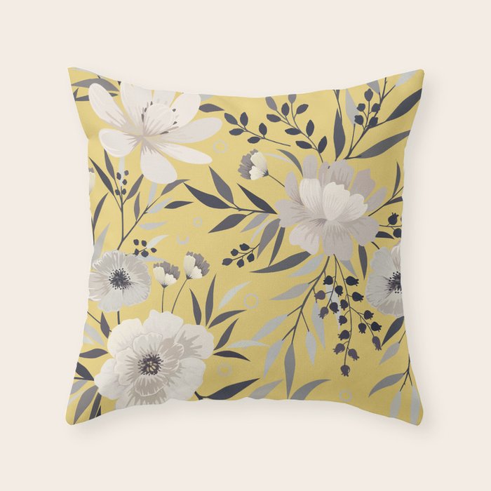 Modern, Floral Prints, Yellow and Gray Throw Pillow Gallery Image 6