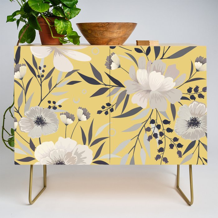 Modern, Floral Prints, Yellow and Gray Credenza Gallery Image 1