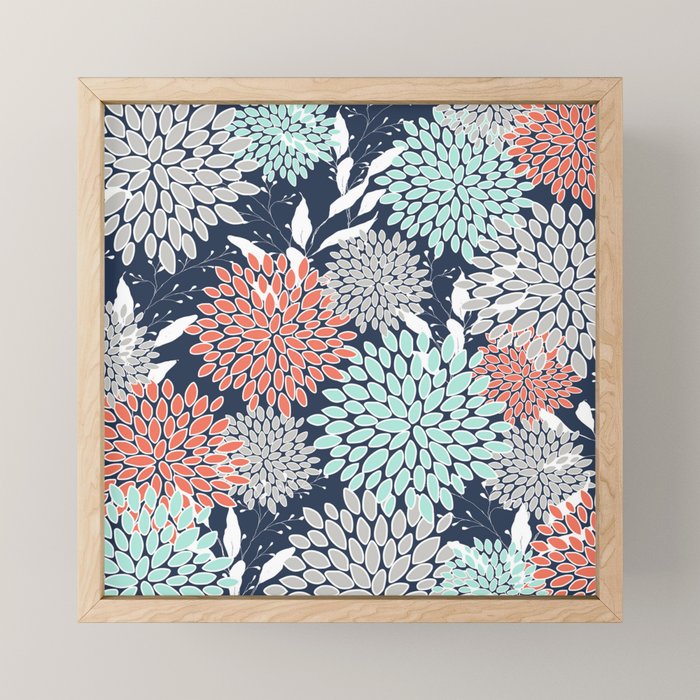 Floral Prints and Leaves, Navy, Aqua Coral and Gray Mini Art Print Gallery Image 1