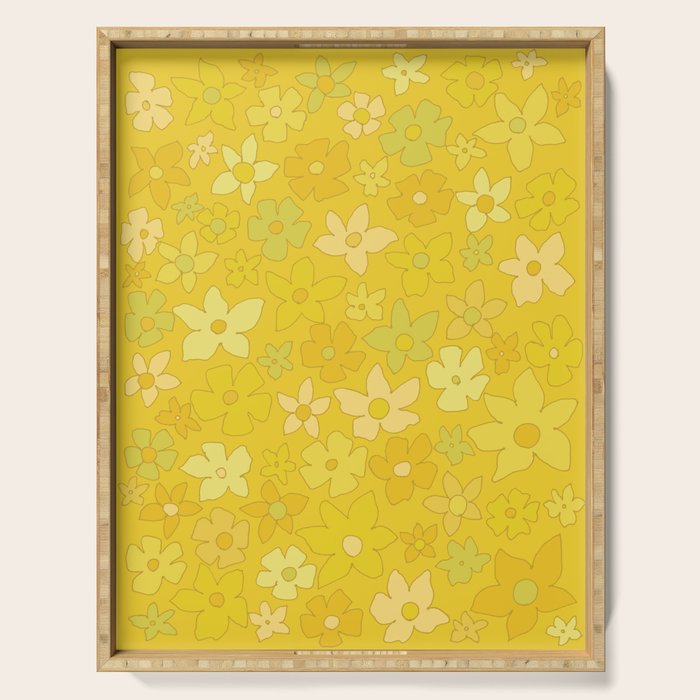 retro flower 70s mustard yellow pattern handdrawn by surfy birdy Serving Tray Gallery Image 1