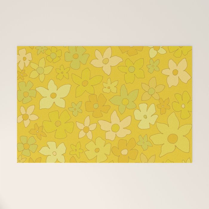 retro flower 70s mustard yellow pattern handdrawn by surfy birdy Welcome Mat Gallery Image 1