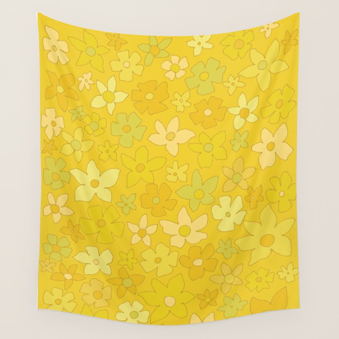 retro flower 70s mustard yellow pattern handdrawn by surfy birdy Wall Tapestry Gallery Image 4