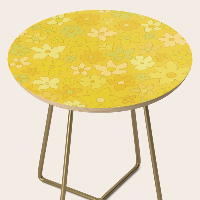 retro flower 70s mustard yellow pattern handdrawn by surfy birdy Side Table Gallery Image 2