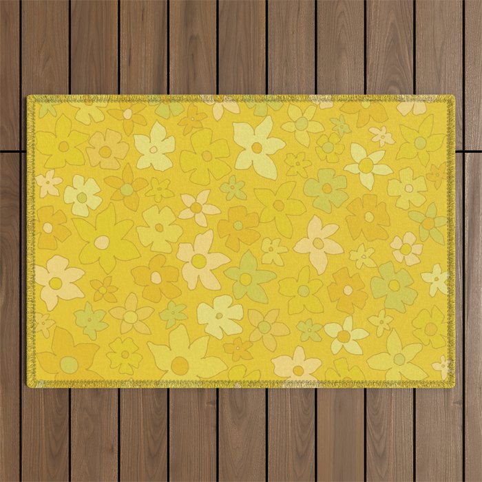 retro flower 70s mustard yellow pattern handdrawn by surfy birdy Outdoor Rug Gallery Image 1