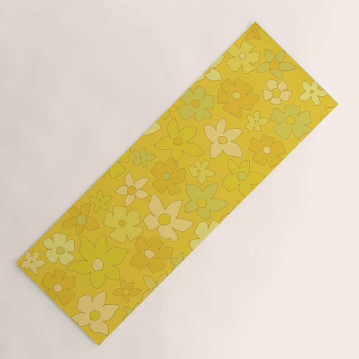 retro flower 70s mustard yellow pattern handdrawn by surfy birdy Yoga Mat Gallery Image 1