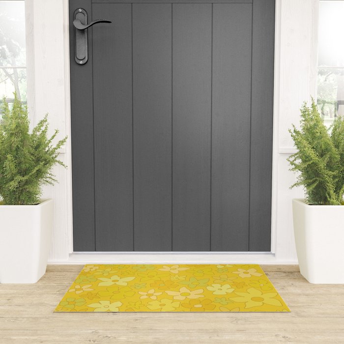 retro flower 70s mustard yellow pattern handdrawn by surfy birdy Welcome Mat Gallery Image 3