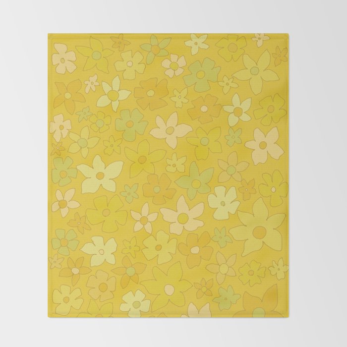 retro flower 70s mustard yellow pattern handdrawn by surfy birdy Throw Blanket Gallery Image 2