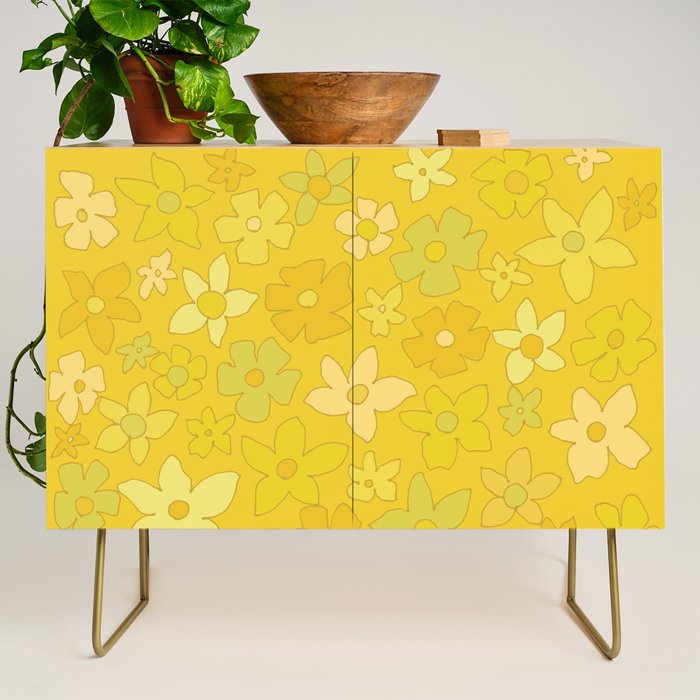retro flower 70s mustard yellow pattern handdrawn by surfy birdy Credenza Gallery Image 1