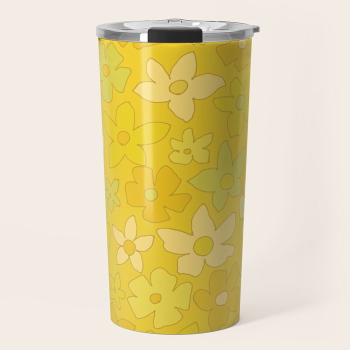 retro flower 70s mustard yellow pattern handdrawn by surfy birdy Travel Mug Gallery Image 1