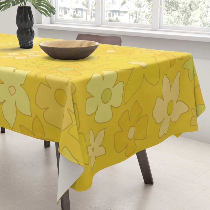 retro flower 70s mustard yellow pattern handdrawn by surfy birdy Tablecloth Gallery Image 3