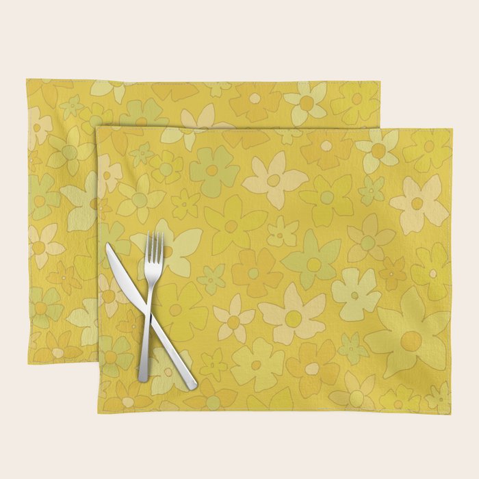 retro flower 70s mustard yellow pattern handdrawn by surfy birdy Placemat Gallery Image 1