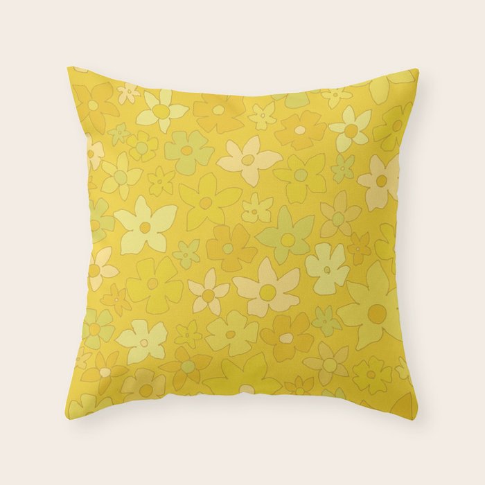 retro flower 70s mustard yellow pattern handdrawn by surfy birdy Throw Pillow Gallery Image 6