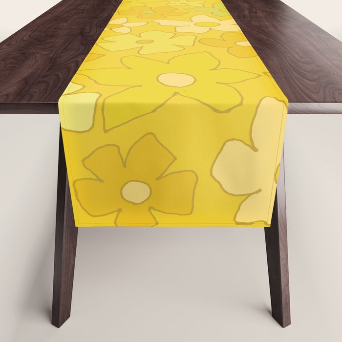 retro flower 70s mustard yellow pattern handdrawn by surfy birdy Table Runner Gallery Image 1