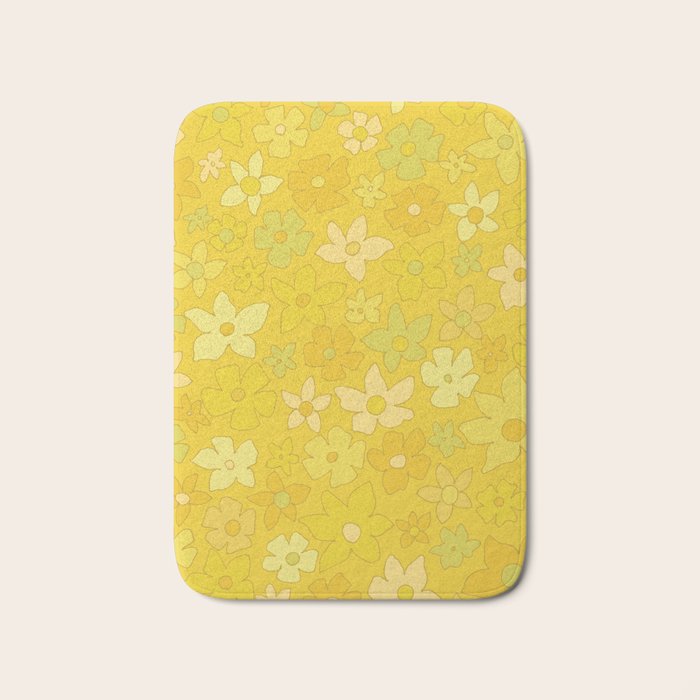 retro flower 70s mustard yellow pattern handdrawn by surfy birdy Bath Mat Gallery Image 1