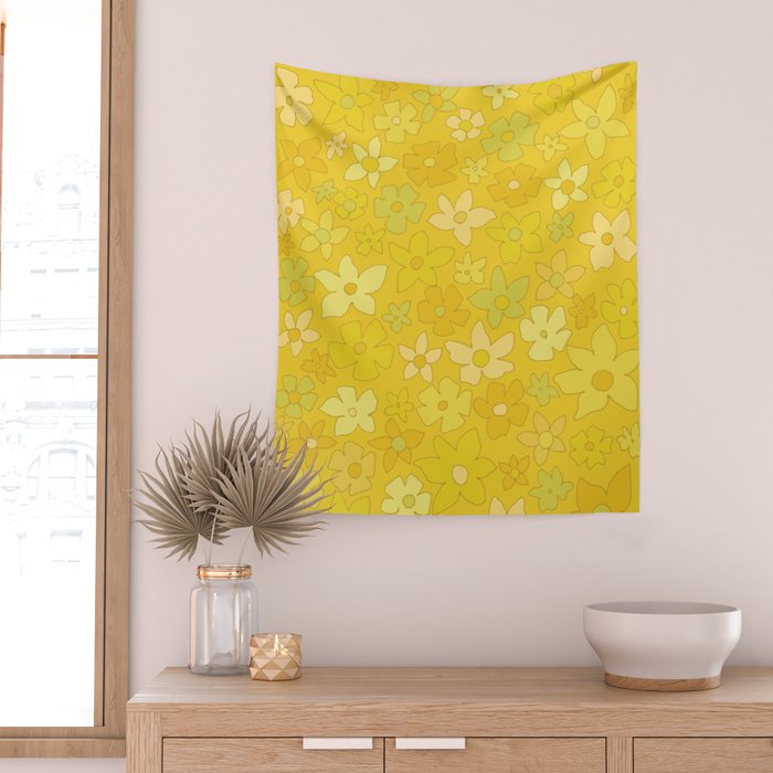 retro flower 70s mustard yellow pattern handdrawn by surfy birdy Wall Tapestry Gallery Image 2