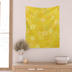 retro flower 70s mustard yellow pattern handdrawn by surfy birdy Wall Tapestry Gallery Image 2