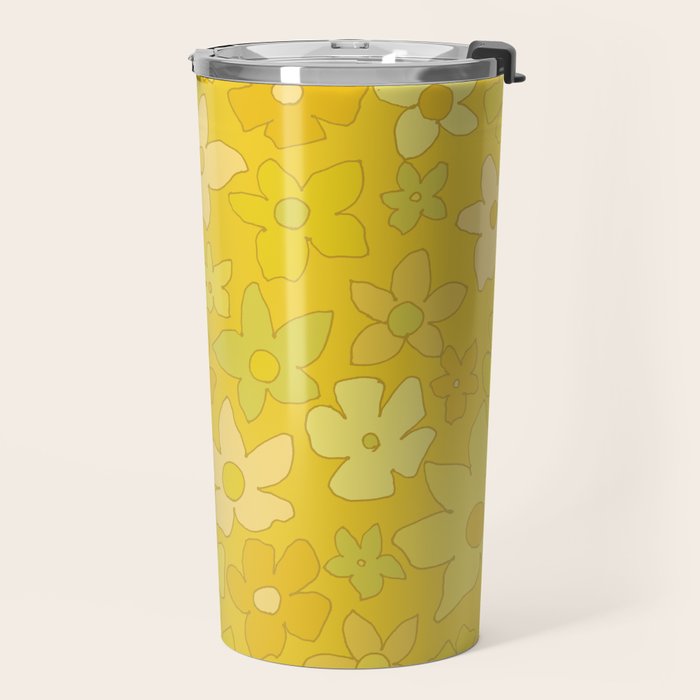 retro flower 70s mustard yellow pattern handdrawn by surfy birdy Travel Mug Gallery Image 2