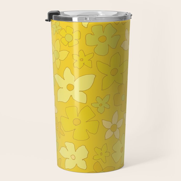 retro flower 70s mustard yellow pattern handdrawn by surfy birdy Travel Mug Gallery Image 3
