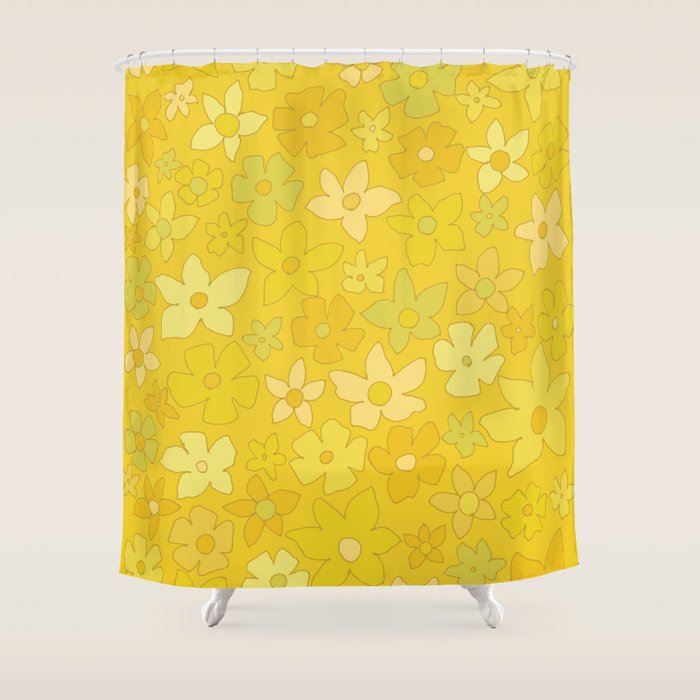 retro flower 70s mustard yellow pattern handdrawn by surfy birdy Shower Curtain Gallery Image 1