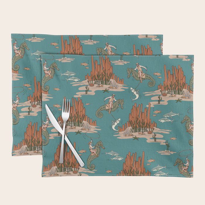Quirky Western Cowboys on Seahorses Roping Sharks Placemat Gallery Image 1