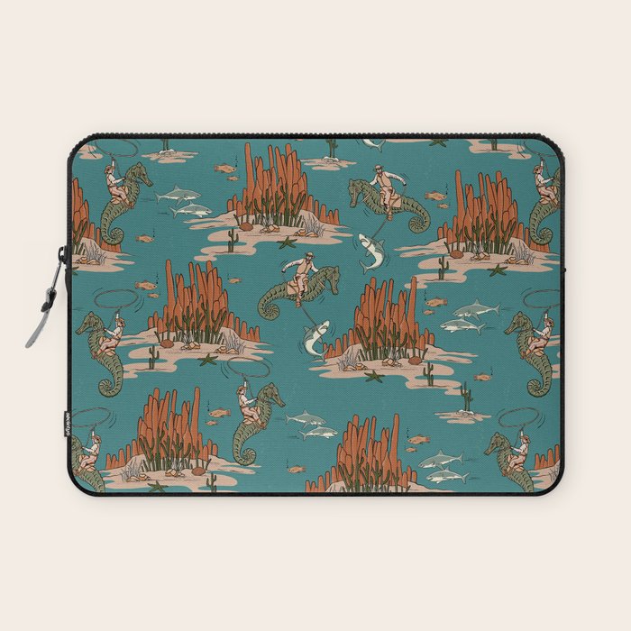 Quirky Western Cowboys on Seahorses Roping Sharks Laptop Sleeve