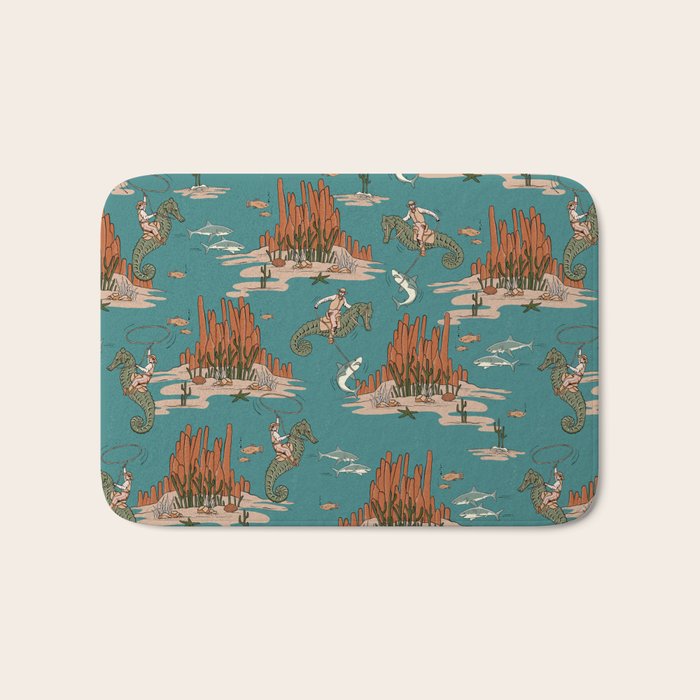 Quirky Western Cowboys on Seahorses Roping Sharks Bath Mat Gallery Image 1