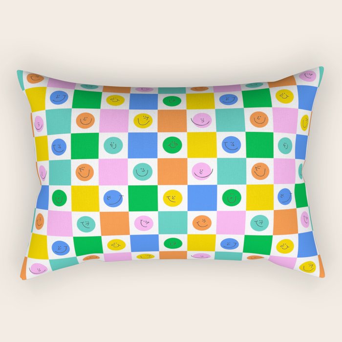 Colorful happy face checkered pattern art Rectangular Pillow Gallery Image 1