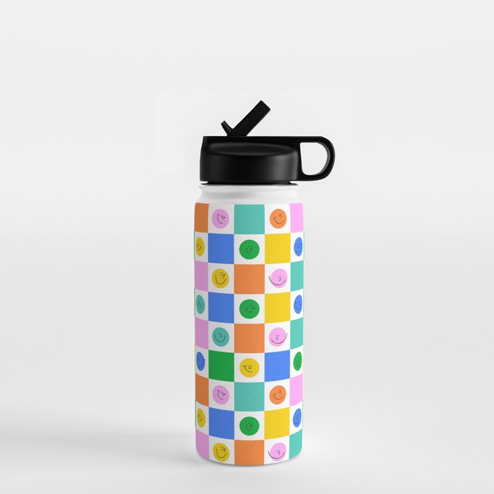 Colorful happy face checkered pattern art Water Bottle Gallery Image 1