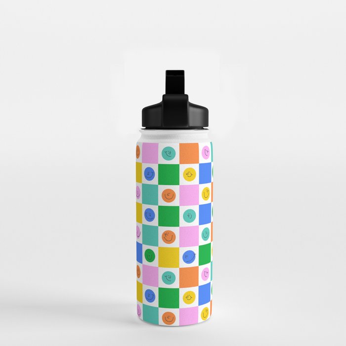 Colorful happy face checkered pattern art Water Bottle Gallery Image 2