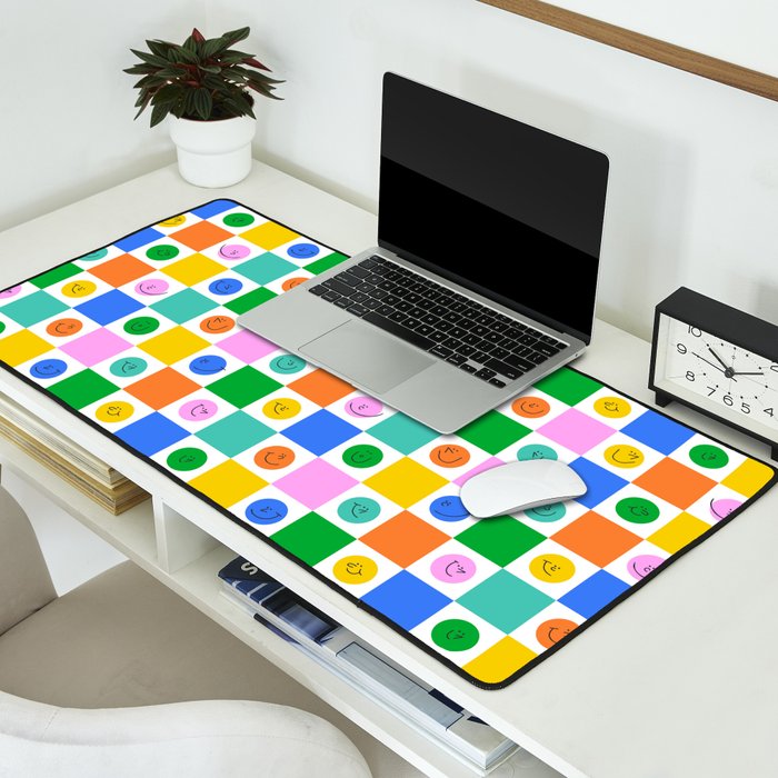 Colorful happy face checkered pattern art Desk Mat Gallery Image 2
