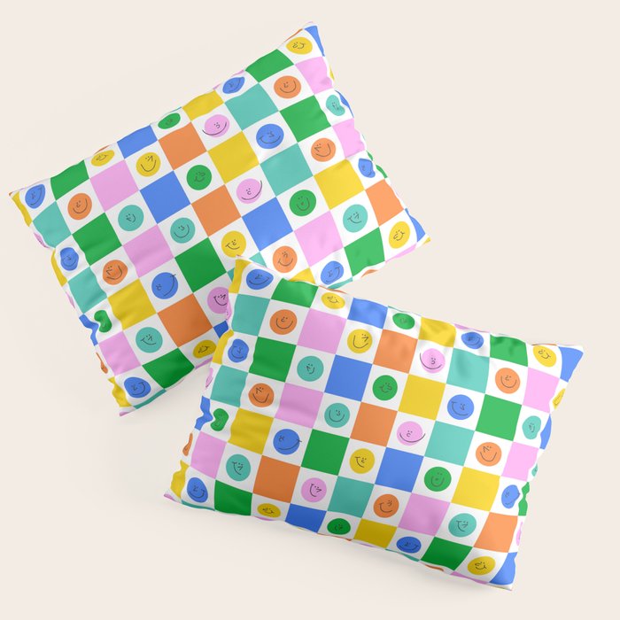 Colorful happy face checkered pattern art Pillow Sham Gallery Image 3