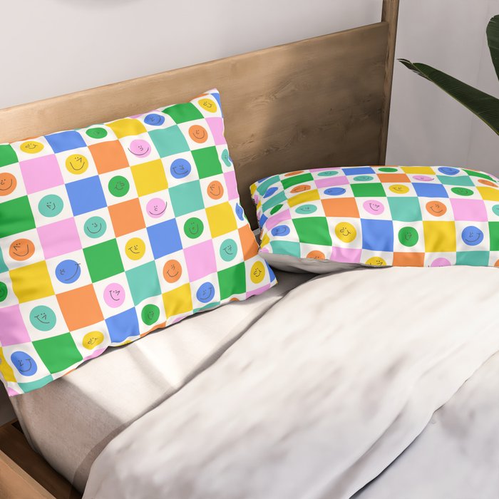 Colorful happy face checkered pattern art Pillow Sham Gallery Image 2