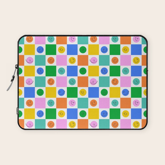 Colorful happy face checkered pattern art Laptop Sleeve Gallery Image 1