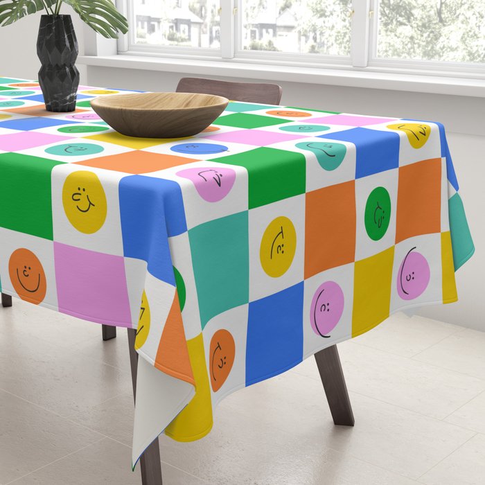 Colorful happy face checkered pattern art Tablecloth Gallery Image 3