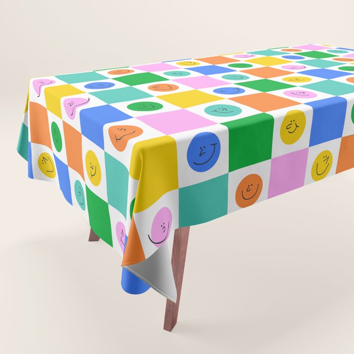 Colorful happy face checkered pattern art Tablecloth Gallery Image 1