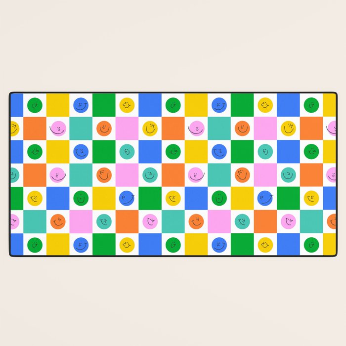 Colorful happy face checkered pattern art Desk Mat Gallery Image 3